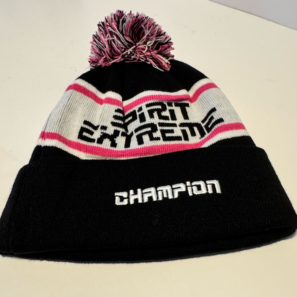 Champion Spirit Extreme Black and Pink Cuffed Pom Pom Beanie Women’s